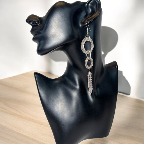 Silver Tone Rope-Like Light Weight Long Dangling Pierced Earrings Statement - Picture 2 of 4